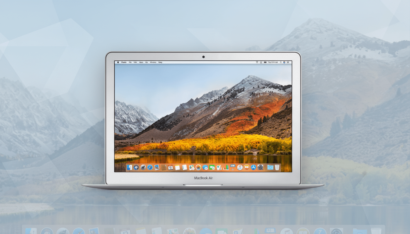 A silver MacBook Air laptop is centered on a light blue background with a subtle geometric pattern. The laptops screen displays a scenic mountain landscape with autumn foliage.