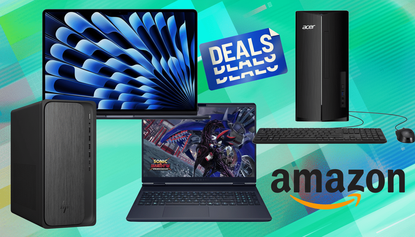 A collage of electronic devices including a laptop, a tablet, and two desktop computers, with a DEALS sign and the Amazon logo, all set against a vibrant, abstract background.
