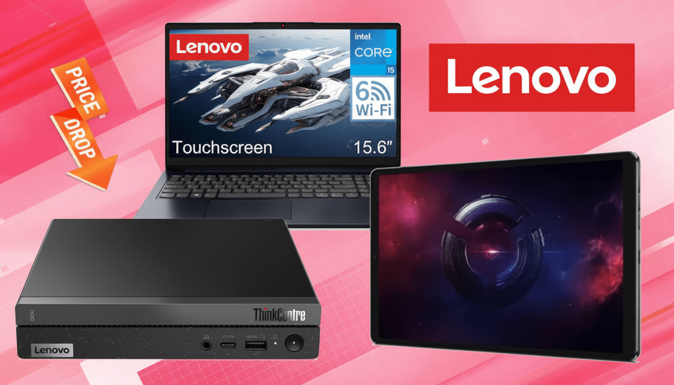 A promotional image featuring a Lenovo laptop, a Lenovo ThinkCentre Neo desktop, and a Lenovo tablet, all set against a vibrant pink background with a PRICE DROP arrow and the Lenovo logo.