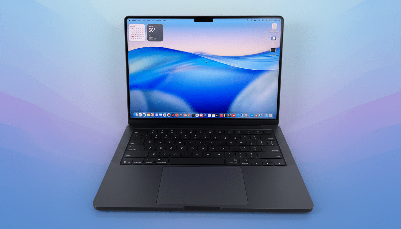 A black MacBook Pro with a blue wave-themed desktop background, set against a professional flat design background with soft blue and purple gradients.