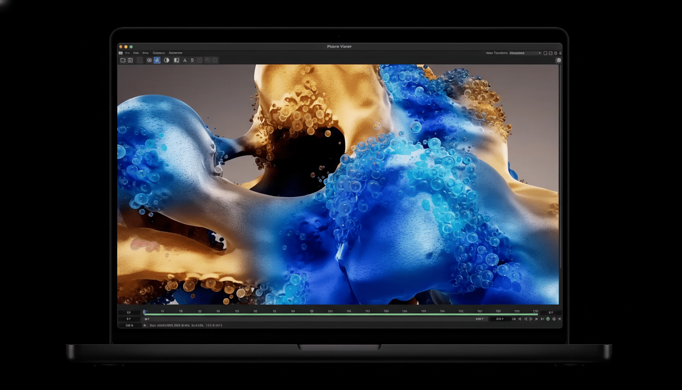 A black laptop displaying a 3D rendering of abstract blue and gold shapes with a bubbly texture, set against a dark background.