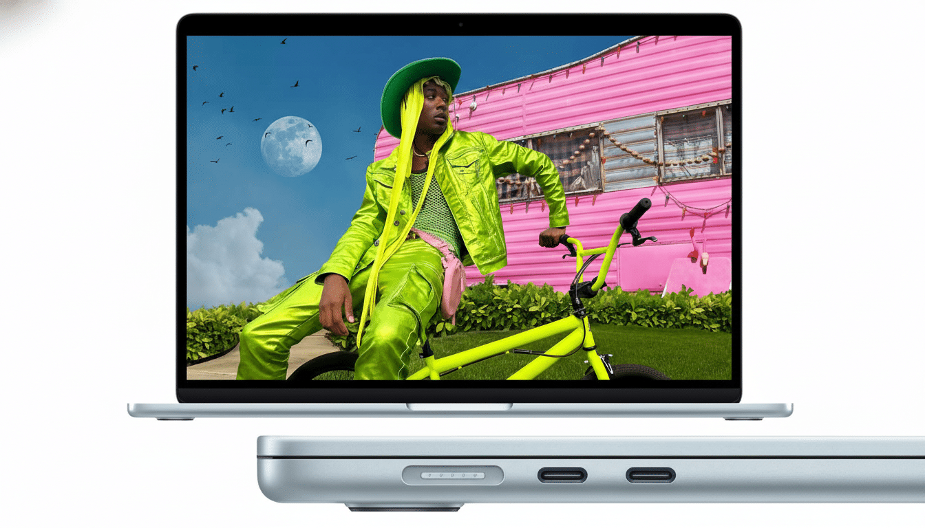 A silver laptop displaying a vibrant image of a person in a neon green outfit and cowboy hat, sitting on a matching neon green bicycle, with a pink trailer and a moonlit sky in the background. Below the laptop, a close-up of its side shows ports and a charging connection.