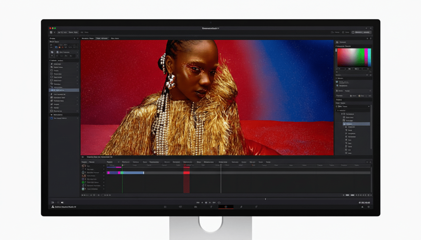 A computer monitor displaying a video editing interface with a woman in a gold outfit and glittery makeup on the screen.