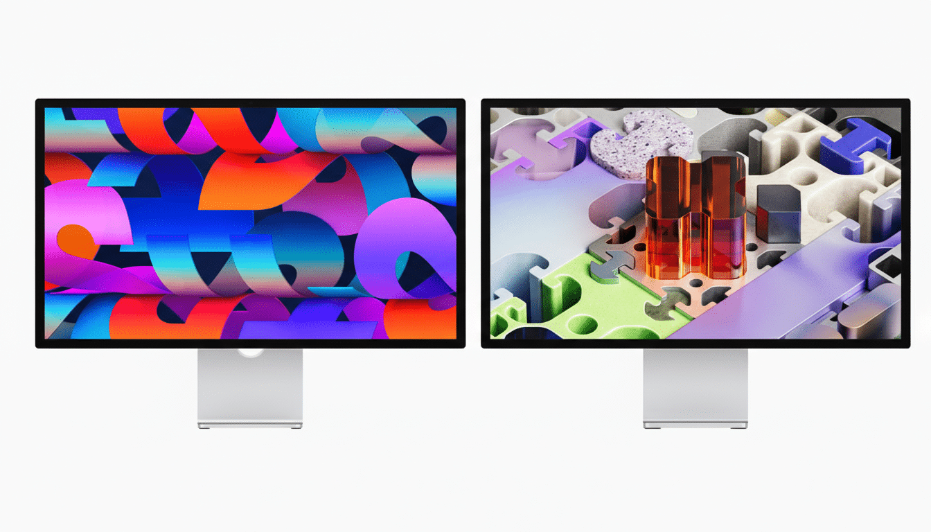 Two professional monitors displaying vibrant, abstract digital art, set against a clean white background.