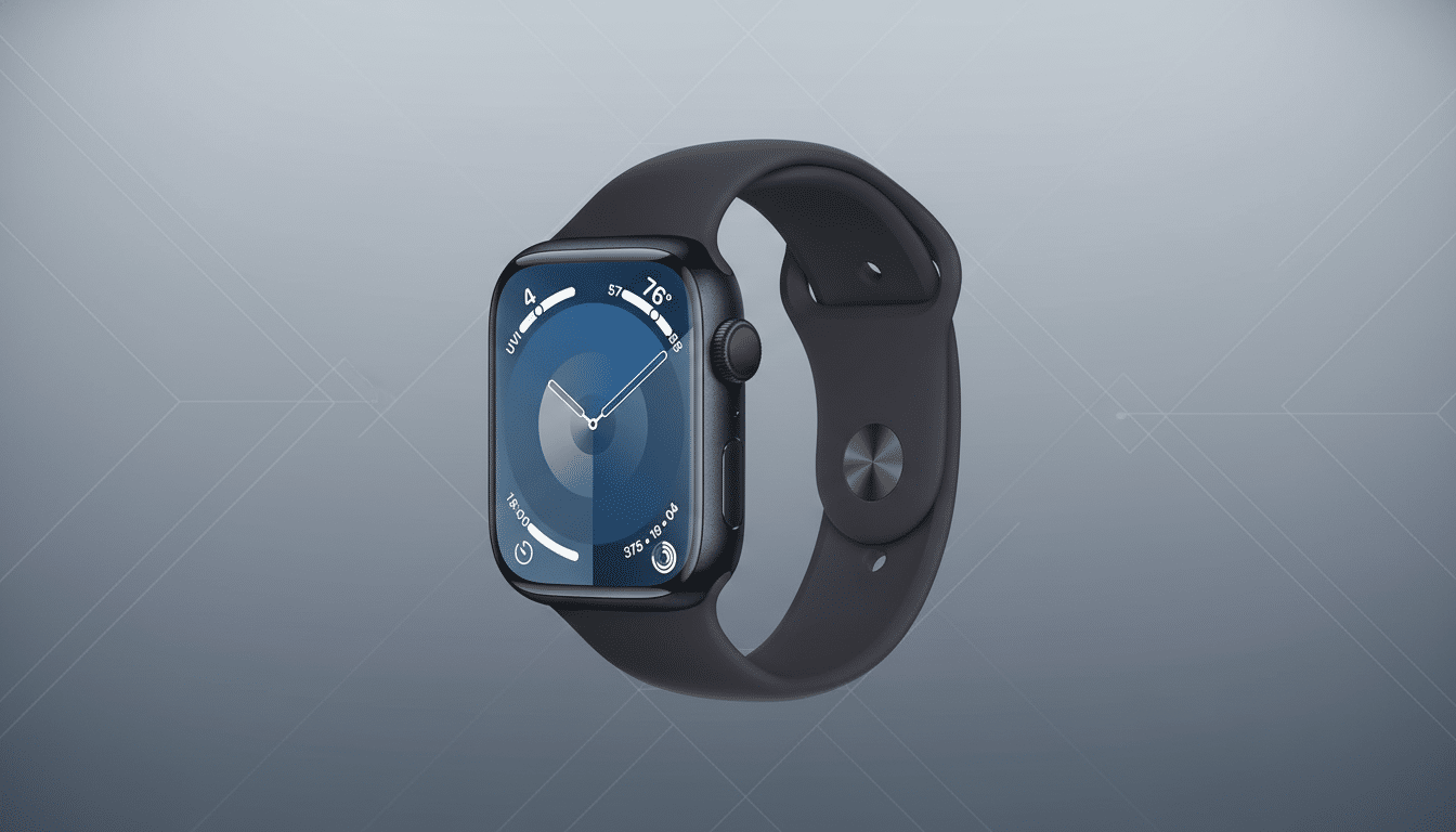 A dark blue Apple Watch with a matching band is centered on a professional gray background with subtle geometric patterns.