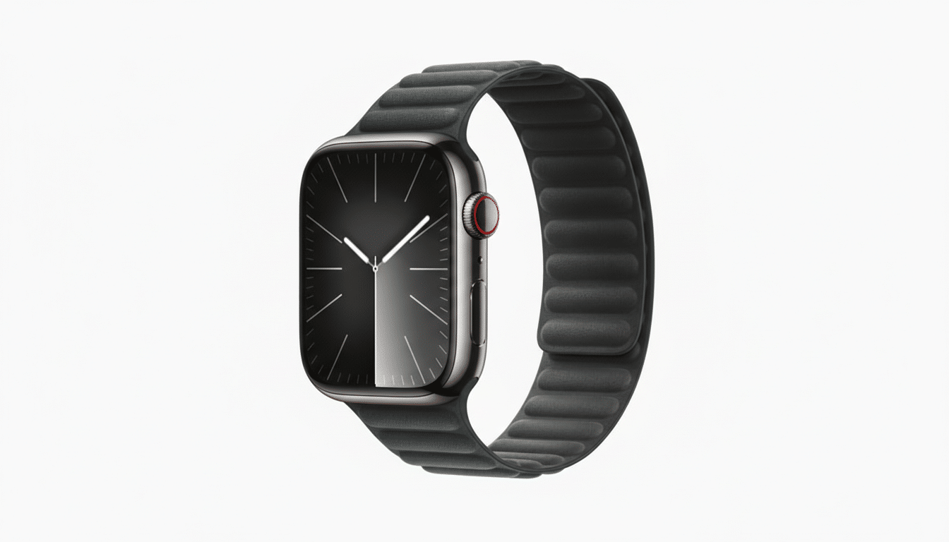 A professional image of an Apple Watch with a dark grey band, resized to a 16:9 aspect ratio, presented on a clean white background.