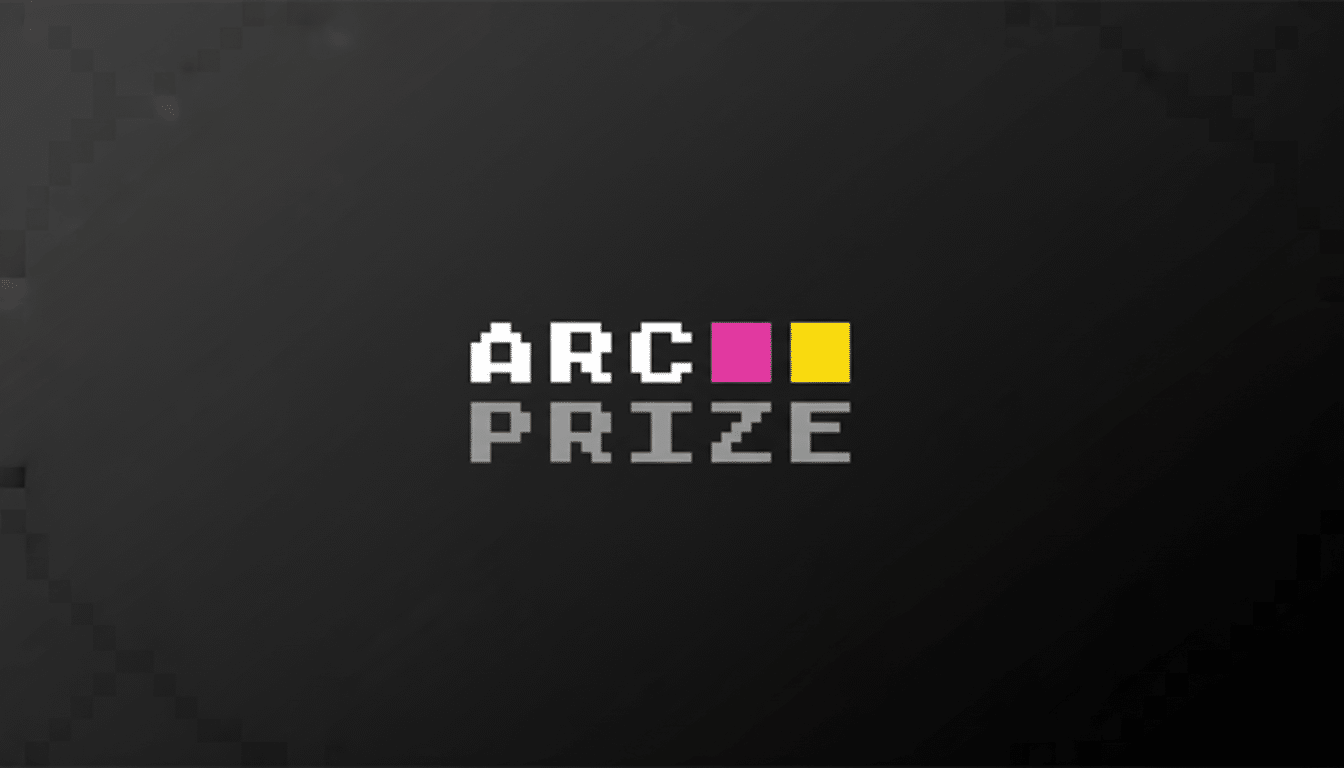 The Arc Prize logo, featuring pixelated white text ARC and gray text PRIZE below it, with a pink and yellow square between ARC and PRIZE, all set against a dark gray background with subtle geometric patterns.