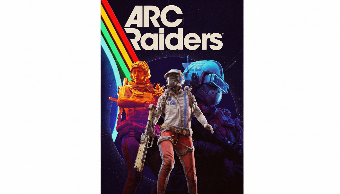 The Arc Raiders game cover, resized to a 16:9 aspect ratio, featuring three characters in futuristic gear against a dark, starry background with a colorful arc.