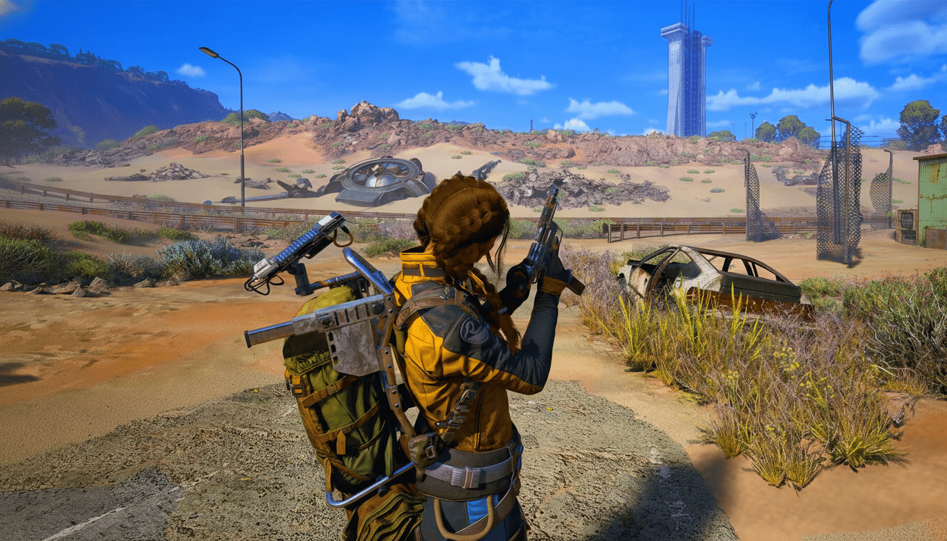 A person in a yellow and black jacket with a backpack and holding a gun, standing in a desert-like environment with a ruined car and structures in the background.