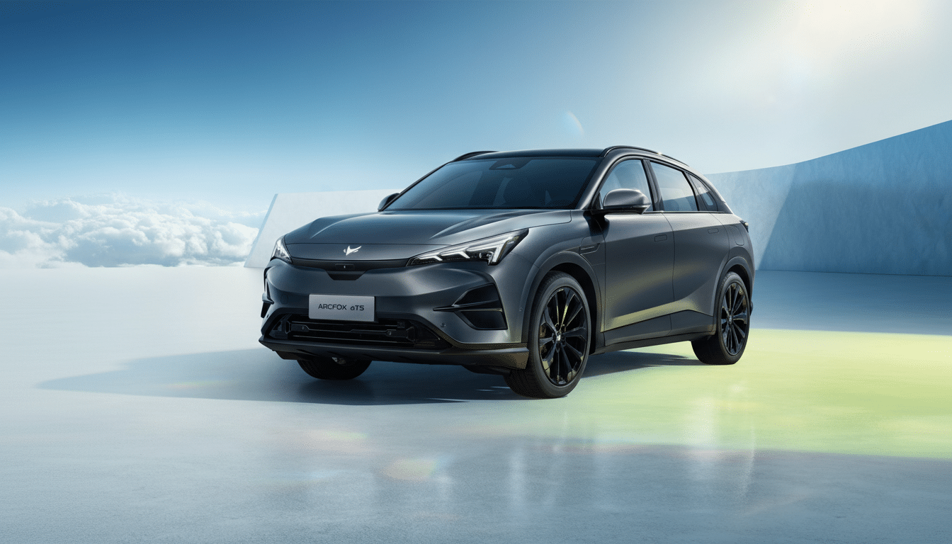 A dark grey ARCFox αT5 electric SUV is parked on a light grey surface with a bright blue sky and white clouds in the background.