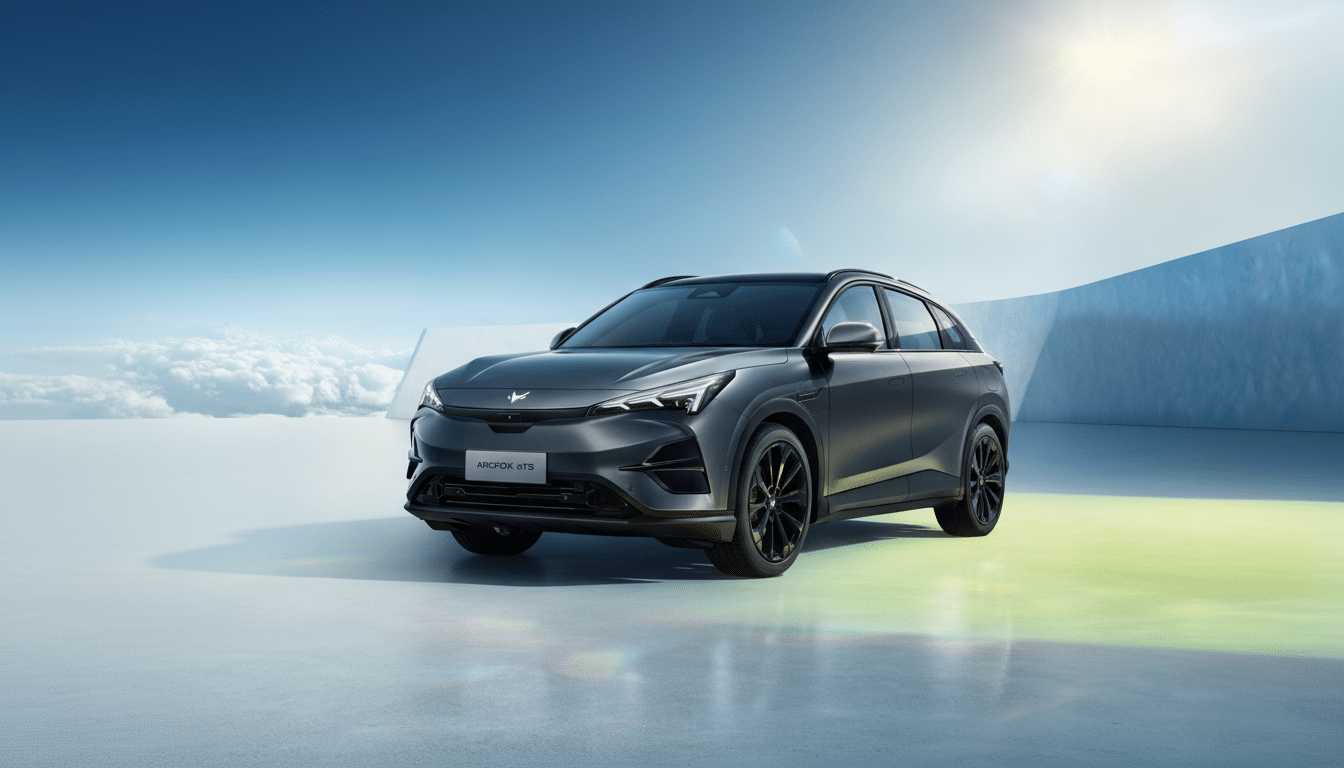 A dark grey Arcfox αT S electric SUV is parked on a light grey surface with a bright blue sky and white clouds in the background.