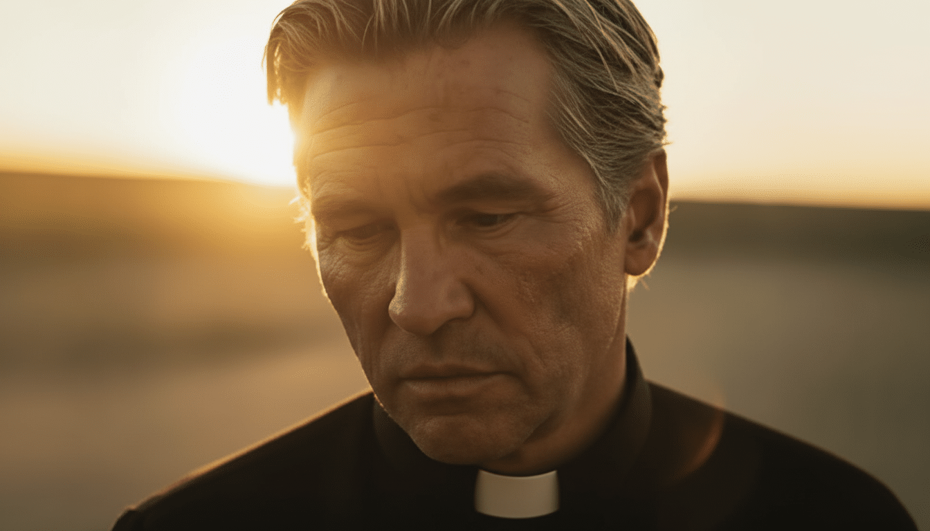 A man in a clerical collar looking down, with the sun setting behind him.