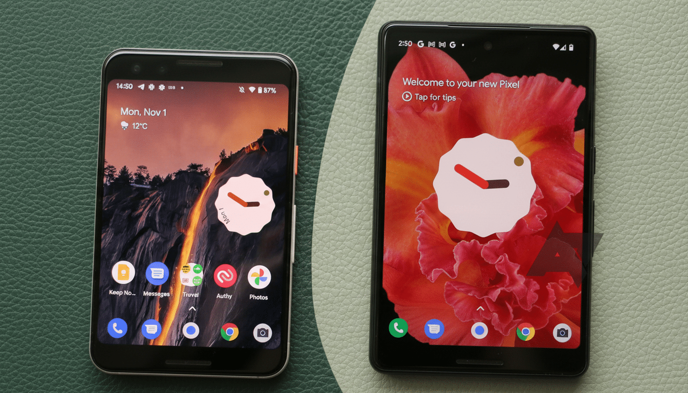 Two Google Pixel phones, one older model and one newer model, are displayed side-by-side on a textured green and light green surface. The older phone on the left shows a lock screen with a waterfall wallpaper and a clock widget. The newer phone on the right displays a Welcome to your new Pixel message over a floral wallpaper with a clock widget.