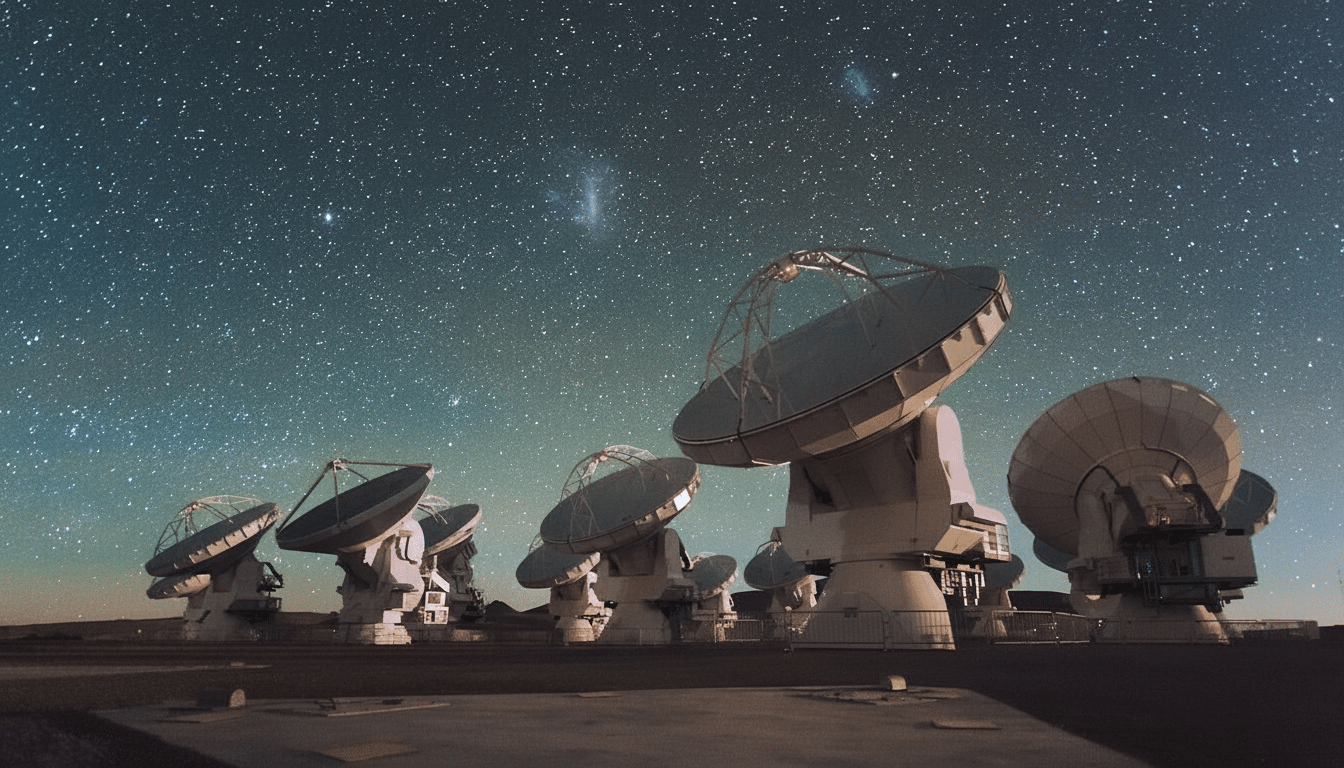 A professional, enhanced image of several large radio telescopes under a starry night sky, resized to a 16:9 aspect ratio.