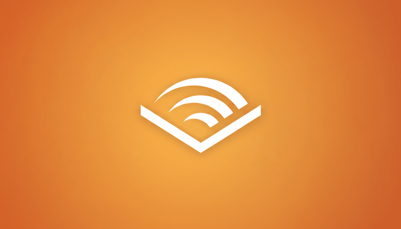 The Audible logo, a white stylized open book with sound waves emanating from it, centered on a professional orange gradient background.