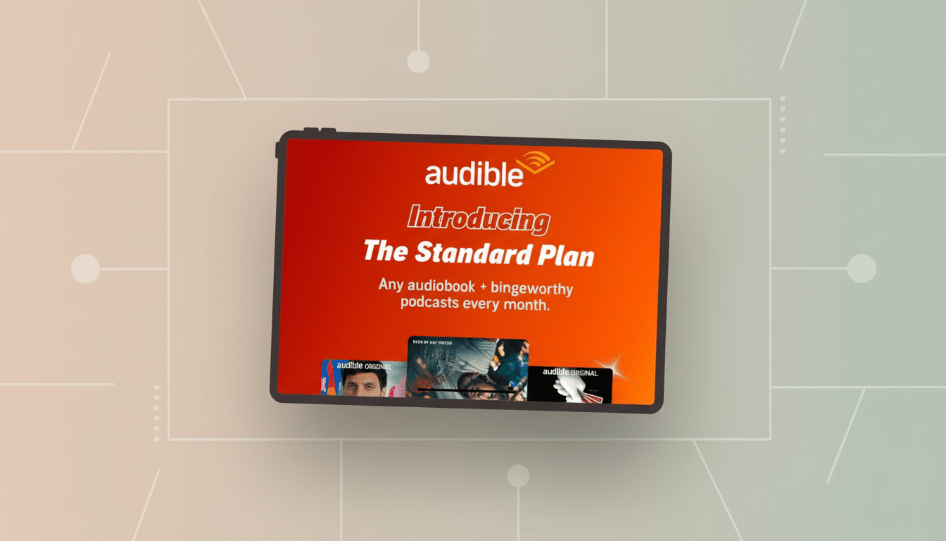 An Audible advertisement for The Standard Plan displayed on a tablet, set against a professional flat design background with soft patterns and gradients.