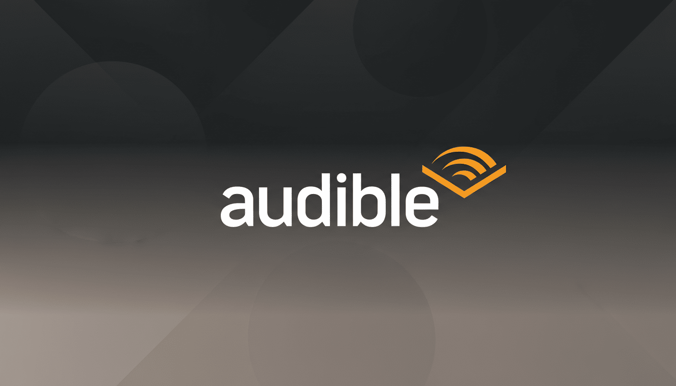 The Audible logo, featuring the word audible in white lowercase letters next to an orange stylized icon resembling an open book with sound waves, set against a professional dark gray background with subtle, soft circular patterns and a gradient.