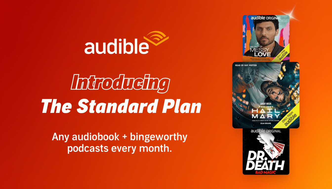 Audible logo and app highlighting new lower-cost Standard plan