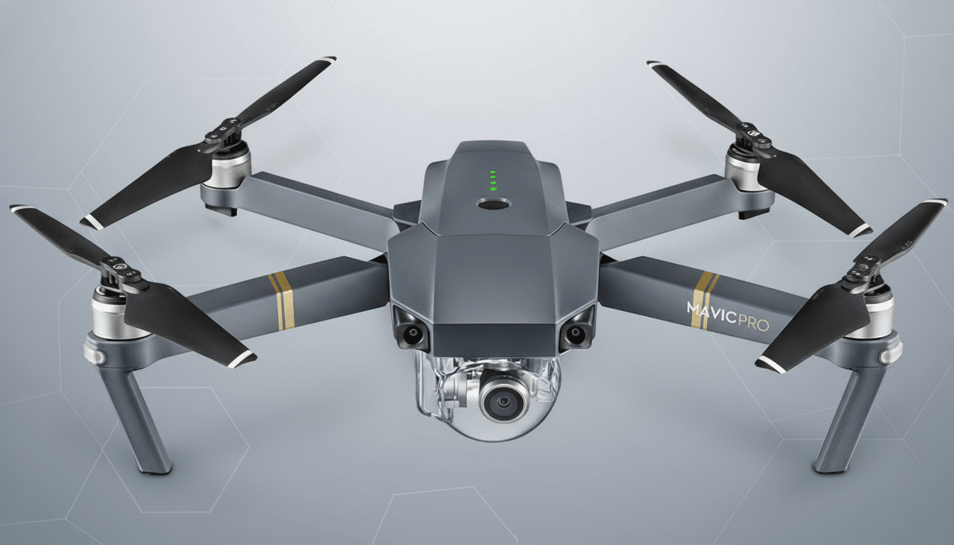 A professional, enhanced image of a DJI Mavic Pro drone with a 16:9 aspect ratio, set against a subtle grey background with soft geometric patterns.