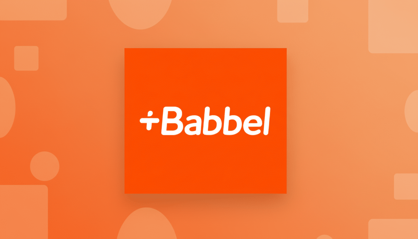 The Babbel logo, featuring the word Babbel in white with a plus sign and a division symbol integrated into the first b, centered on an orange square with a subtle shadow. This square is set against a professional flat design background with soft orange gradients and abstract geometric patterns, all in a 16:9 aspect ratio.