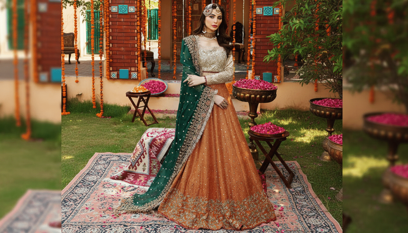 A woman in traditional South Asian attire, featuring an orange and gold embroidered lehenga with a dark green dupatta, standing on a patterned rug in an outdoor setting.