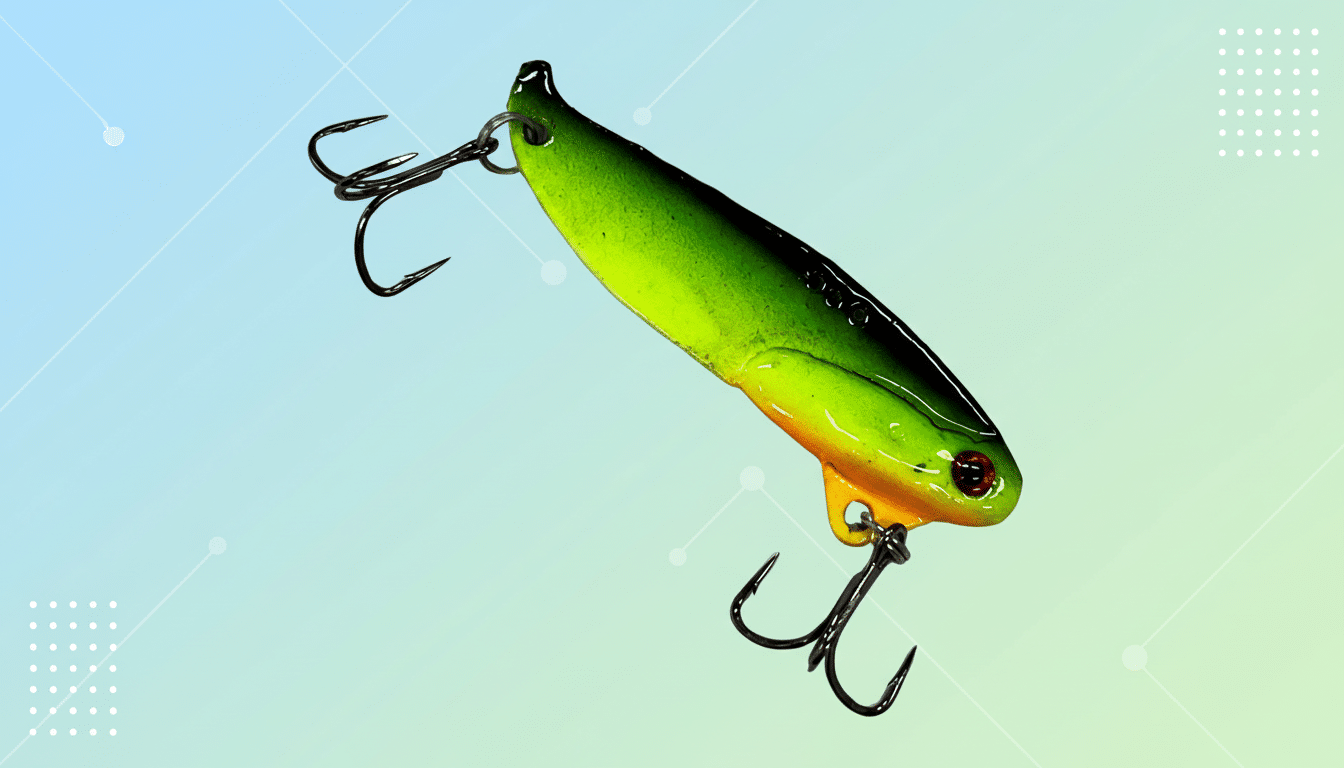 A green and yellow fishing lure with two treble hooks, presented on a professional flat design background with soft blue and green gradients and subtle geometric patterns.