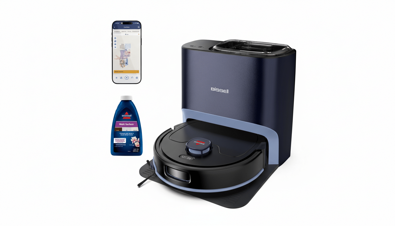 A Bissell SpinWave R5 robot vacuum and mop with its self-emptying and charging station, a bottle of Bissell Multi-Surface cleaning formula, and a smartphone displaying the Bissell Clean app interface.