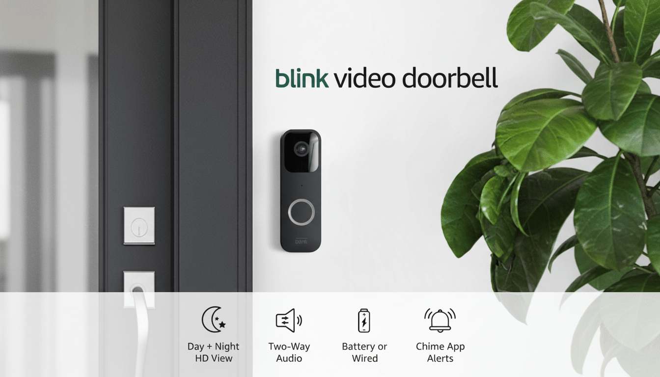 A Blink video doorbell mounted on a white wall next to a dark gray door, with a green plant on the right and feature icons below.