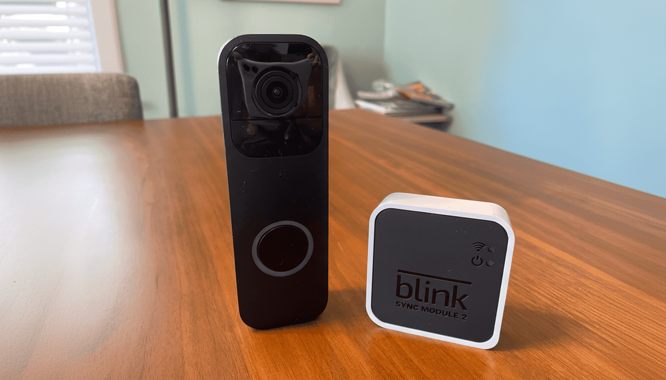 A black Blink video doorbell and a white Blink Sync Module 2 are displayed on a wooden table.
