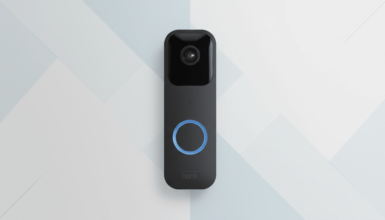A black Blink video doorbell with a blue illuminated ring, centered on a professional flat design background with soft geometric patterns in shades of white and light gray.