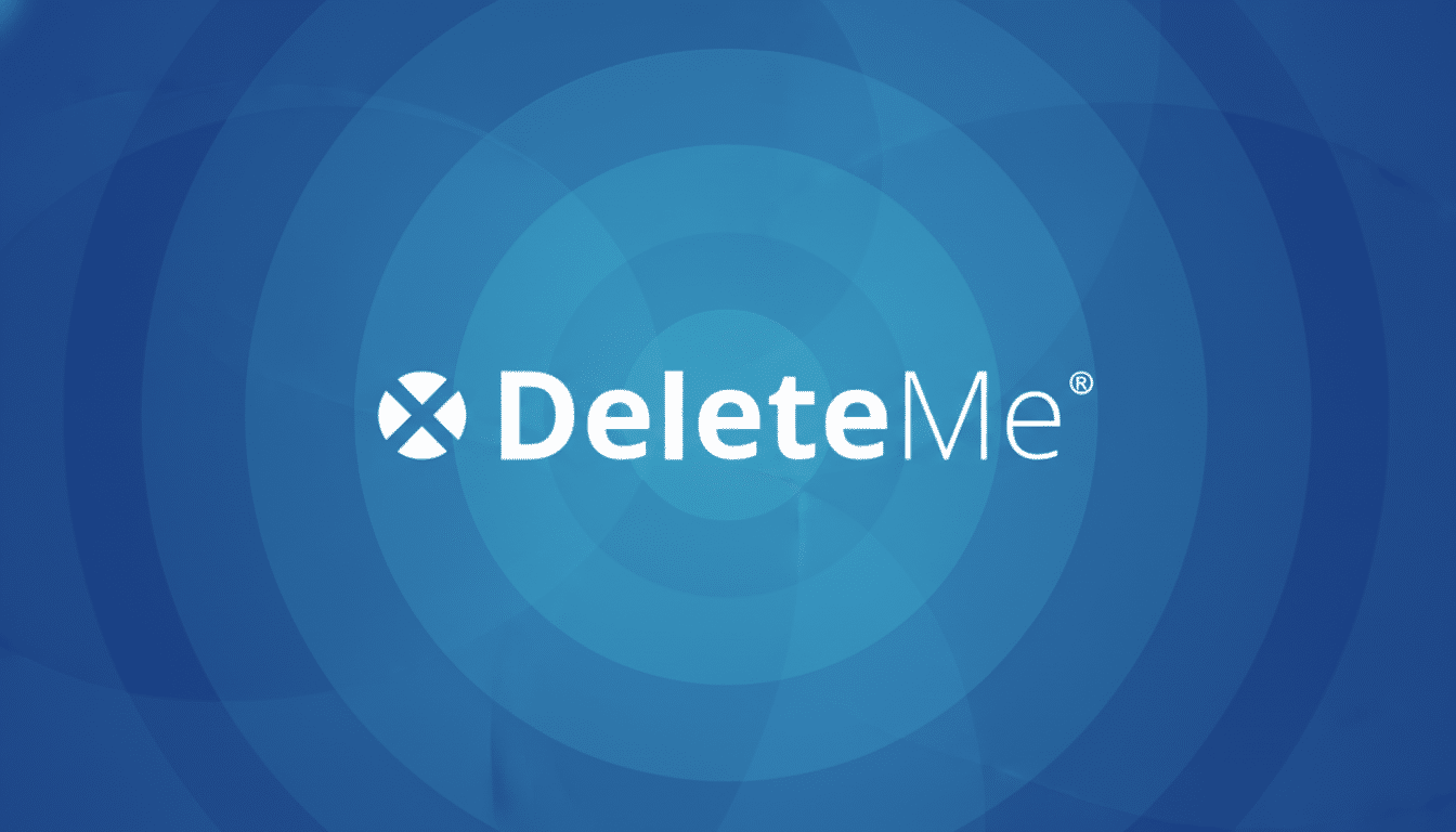 The DeleteMe logo, featuring a white X icon and the word DeleteMe in white text, centered on a blue background with subtle concentric circle patterns.