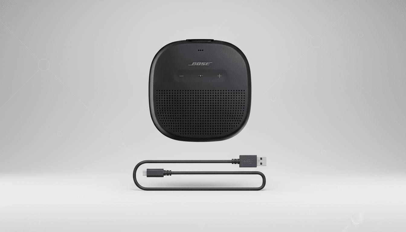 A black Bose SoundLink Micro Bluetooth speaker and its charging cable are presented on a professional flat design background with soft patterns.
