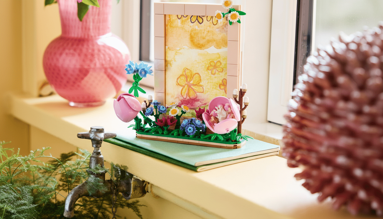 A Lego flower arrangement with a picture frame, a pink vase, and a decorative object on a windowsill.