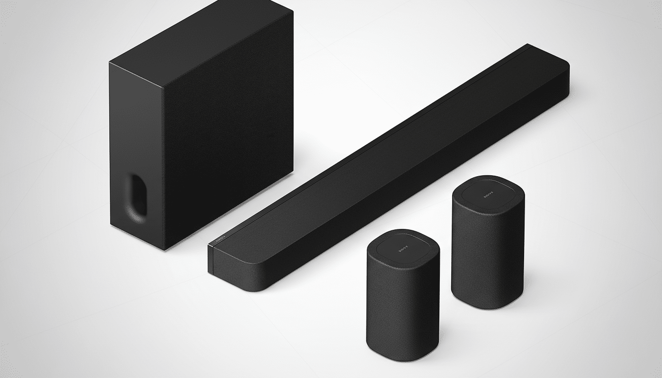 A professional, enhanced image of a black Sony soundbar system, including a subwoofer, soundbar, and two cylindrical rear speakers, presented on a clean, light gray background with a subtle gradient.