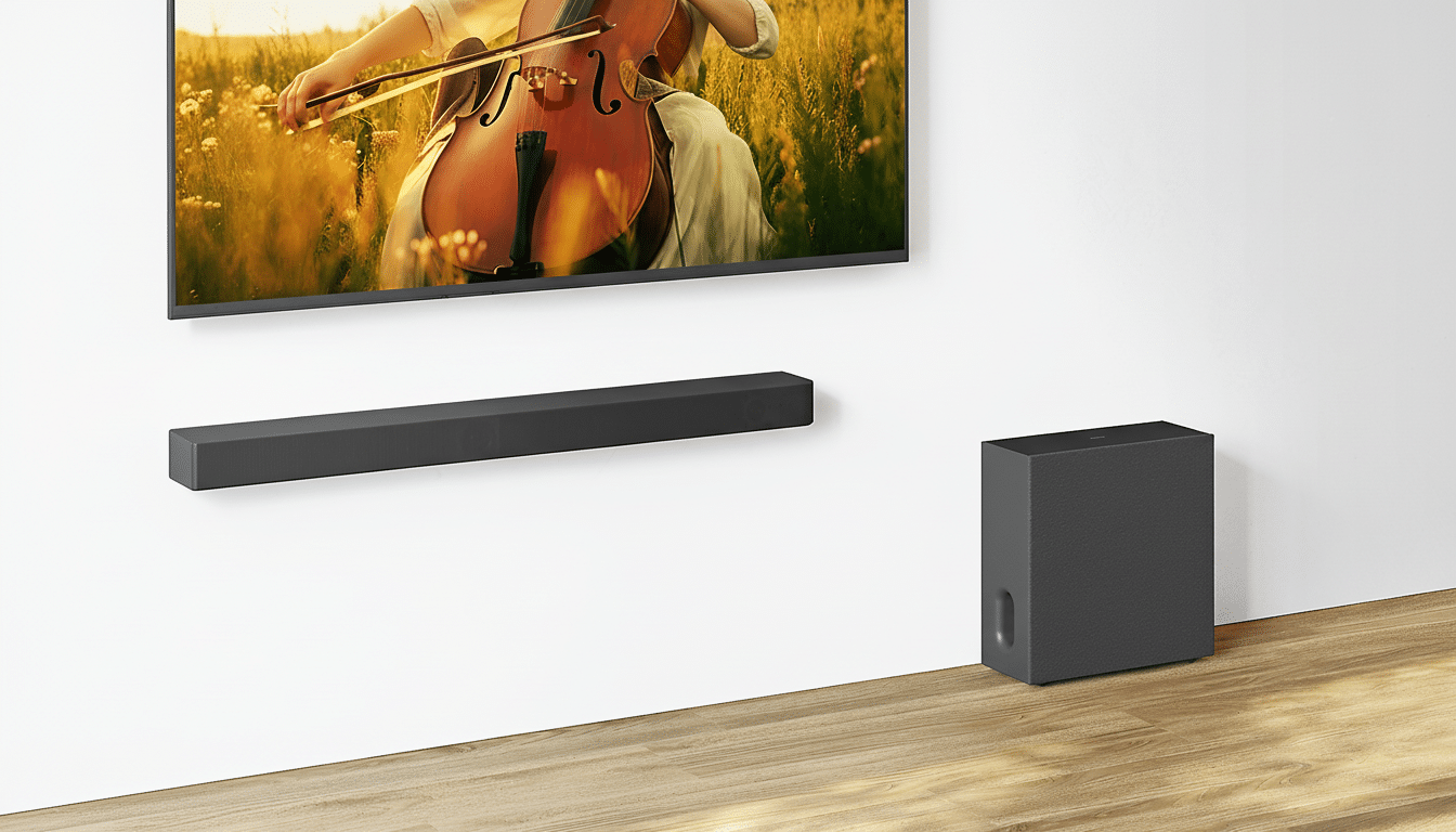 A soundbar and subwoofer are positioned below a wall-mounted television, which displays a person playing a cello in a field.
