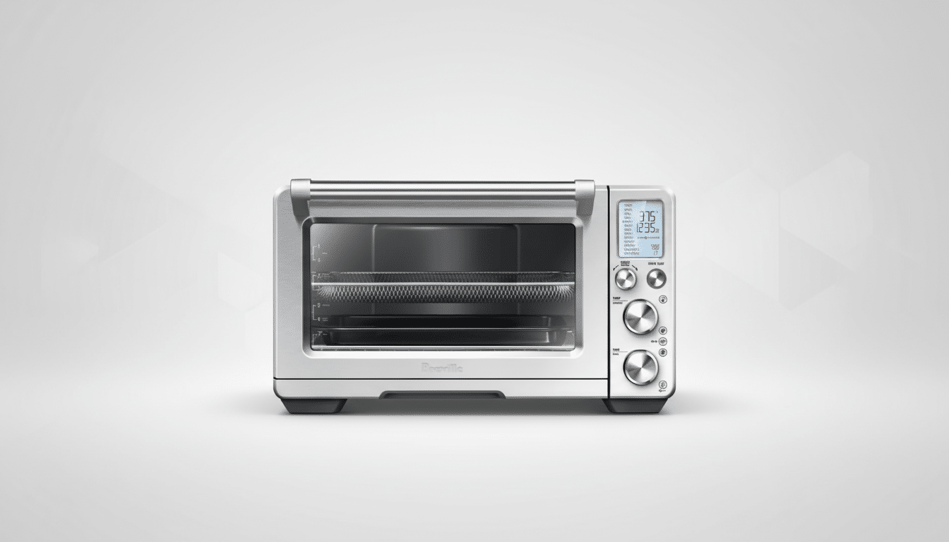 A silver Breville smart oven with an air fryer basket visible inside, set against a professional light gray gradient background.