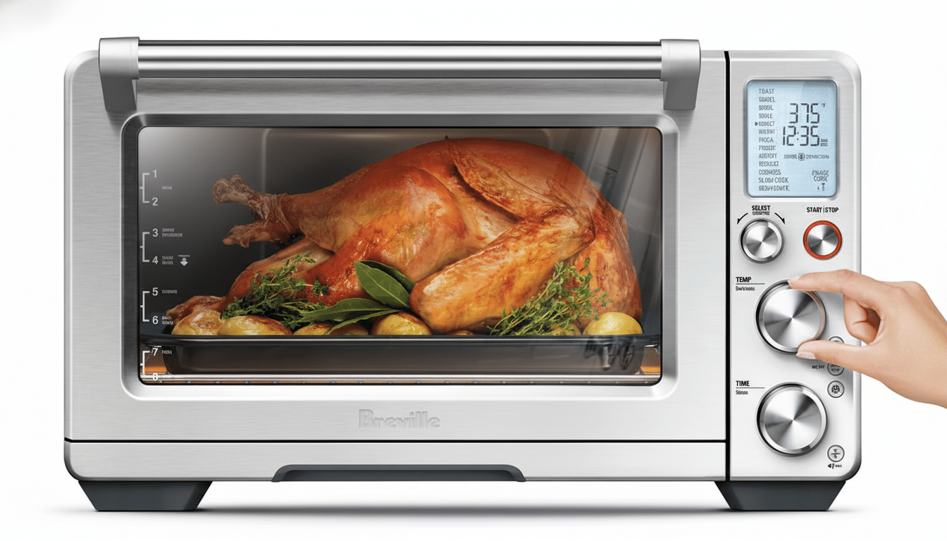 A Breville smart oven with a roasted turkey inside, being operated by a hand adjusting a dial.