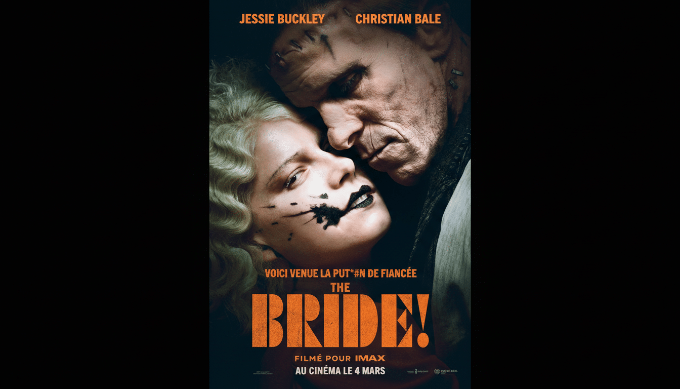 A movie poster for The Bride! featuring Jessie Buckley and Christian Bale.