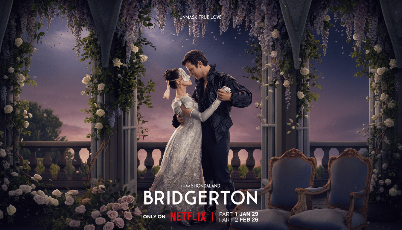 A promotional image for Bridgerton, featuring two characters dancing on a balcony adorned with flowers, resized to a 16:9 aspect ratio.