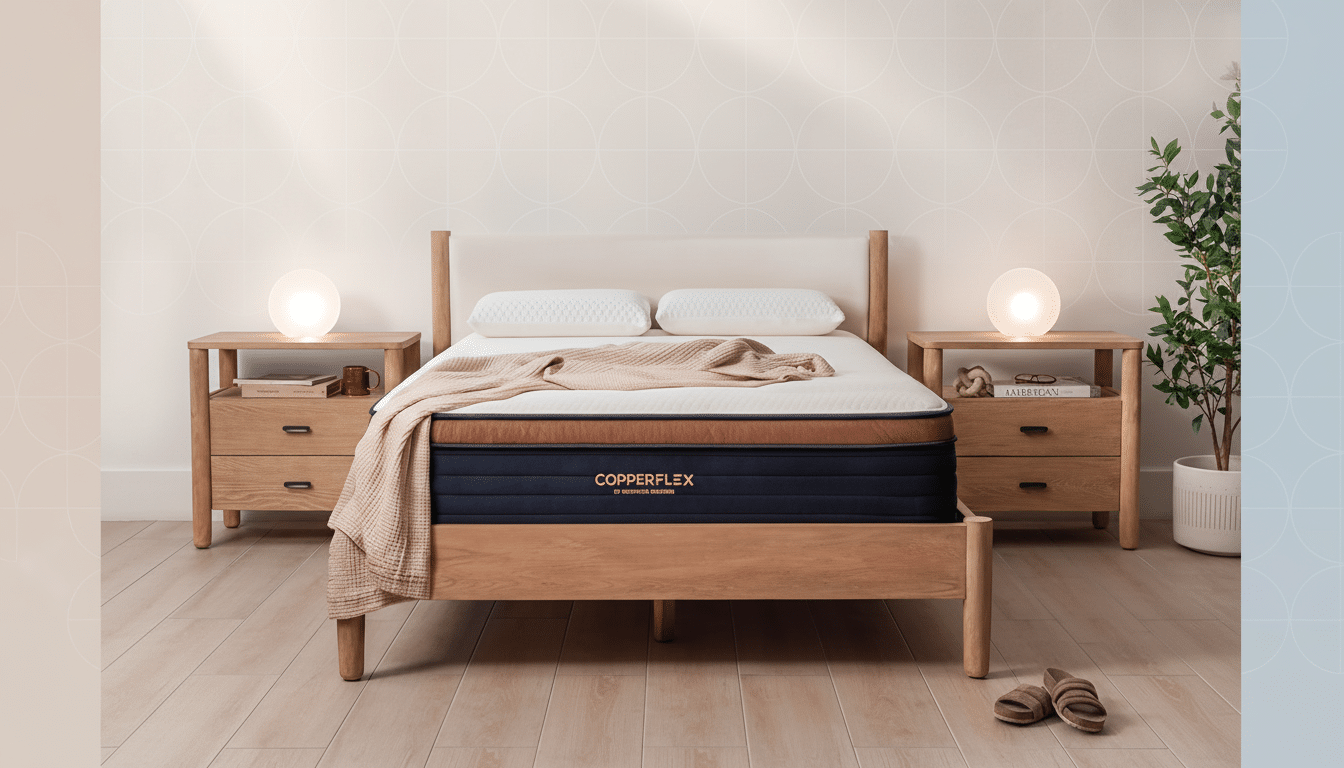 A professionally enhanced image of a bed with a Copperflex mattress, two pillows, and a beige throw blanket, flanked by two wooden nightstands with lamps, resized to a 16:9 aspect ratio. The background features a subtle, professional flat design with soft patterns and gradients, while the bed and its immediate surroundings remain unchanged.