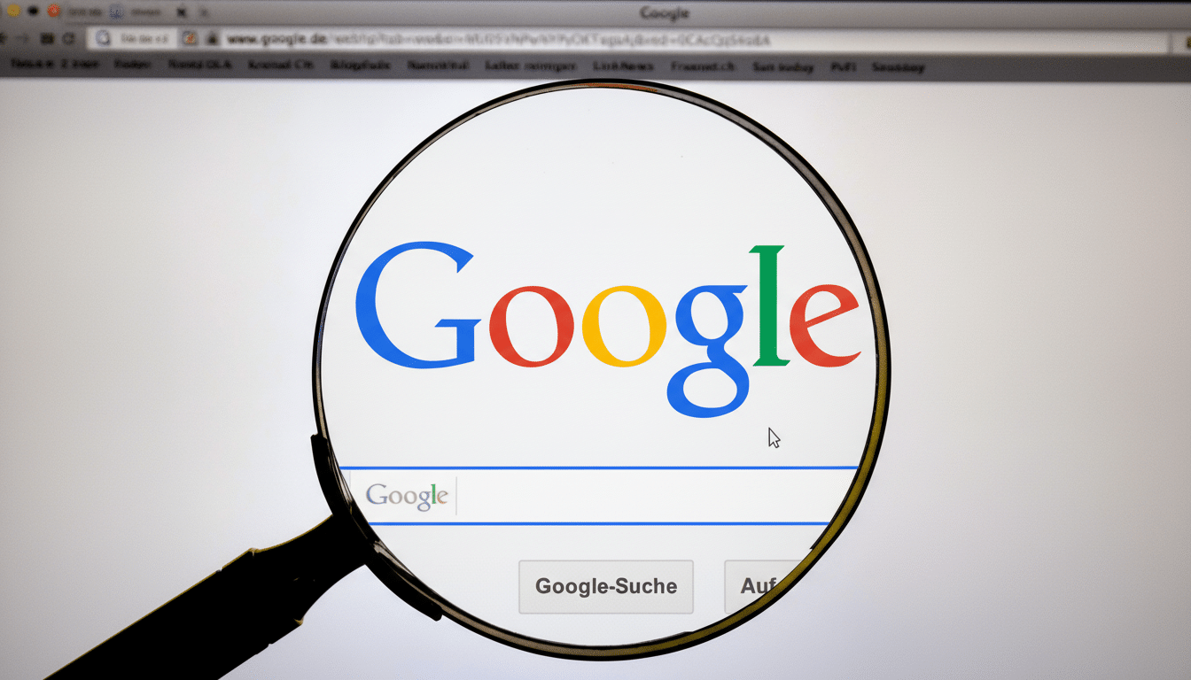 A magnifying glass over the Google search page, resized to a 16:9 aspect ratio.