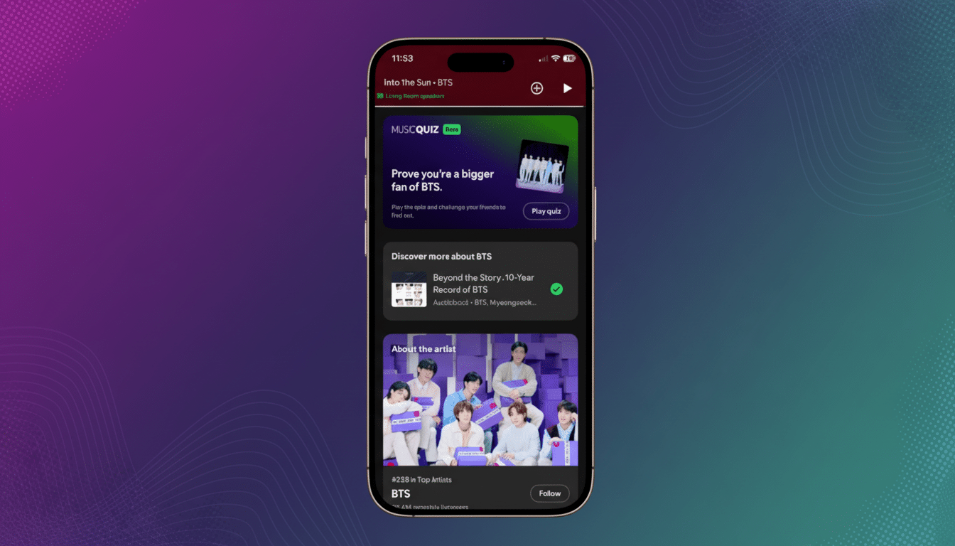 A smartphone displaying the Spotify app, showing a BTS artist page with a music quiz, an audiobook, and a section about the artist with a group photo of BTS. The phone is set against a gradient background of purple and green.