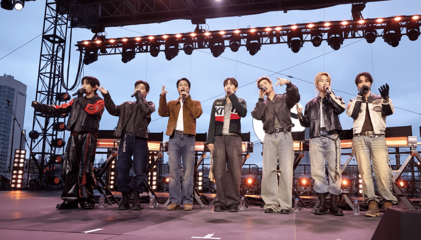 A group of seven men, likely a band, performing on an outdoor stage with a city skyline in the background.