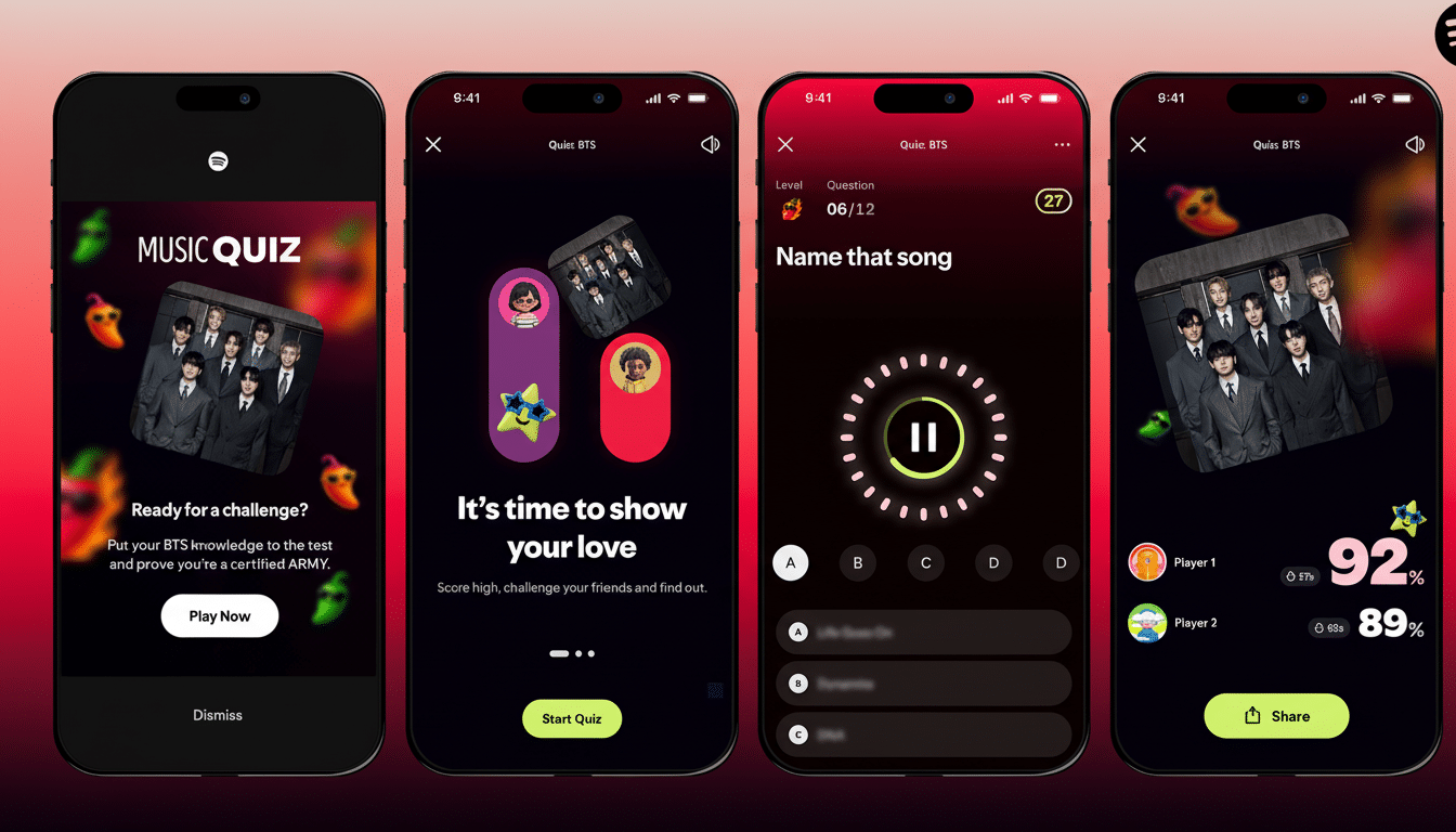 Four iPhone screens displaying a Music Quiz on Spotify, featuring the K-pop group BTS. The first screen shows a quiz advertisement, the second shows a quiz start screen, the third shows a Name that song question, and the fourth shows quiz results with player scores.