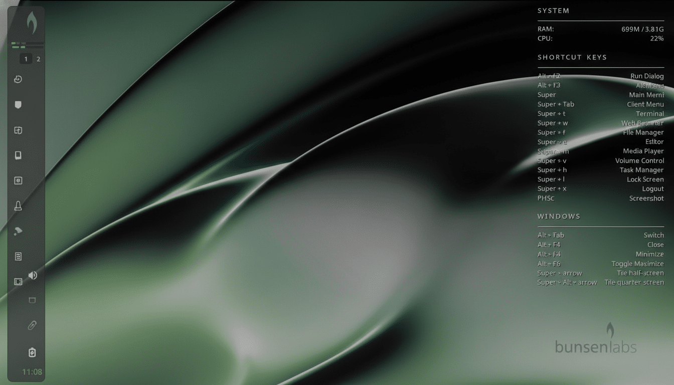 A desktop screenshot of the BunsenLabs Linux distribution, featuring a dark green and black abstract background with system information and shortcut keys displayed on the right side.