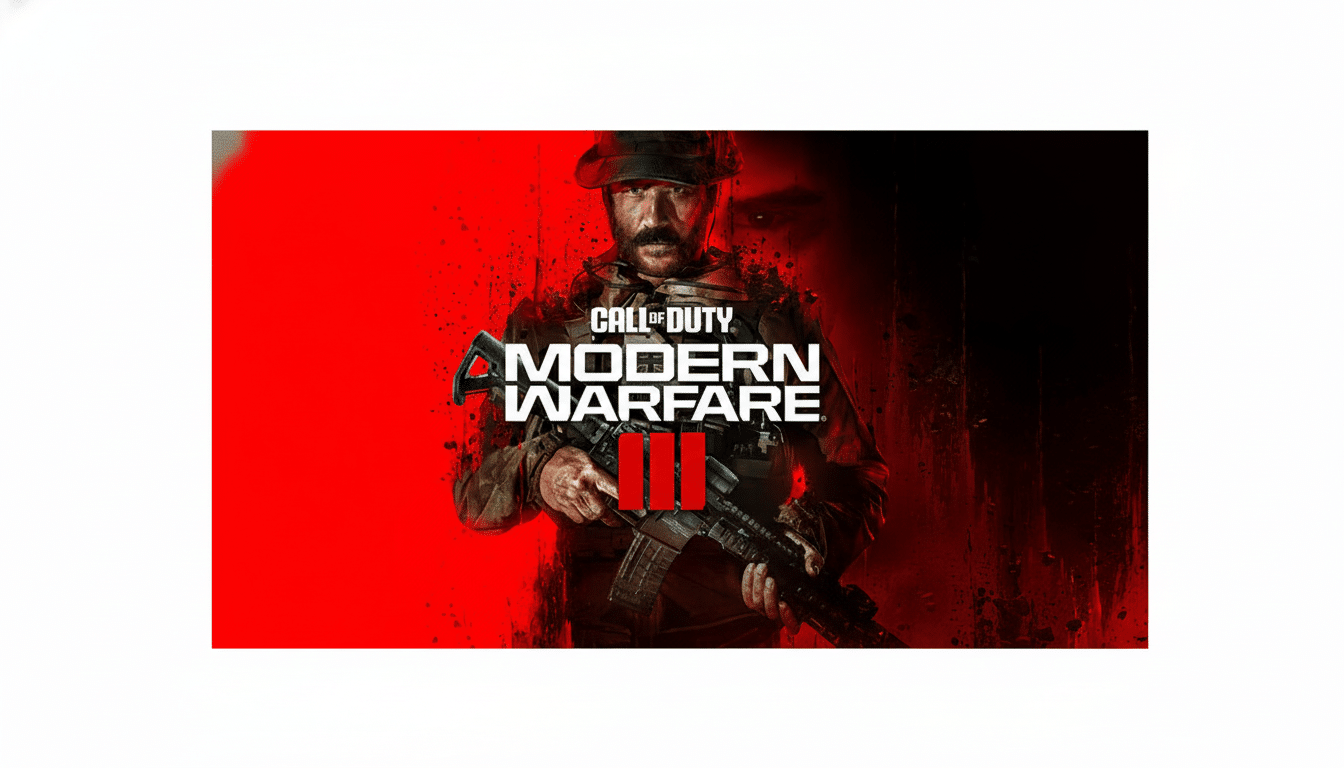The Call of Duty: Modern Warfare III game cover, featuring a soldier in tactical gear holding a rifle against a red and black background, resized to a 16:9 aspect ratio.