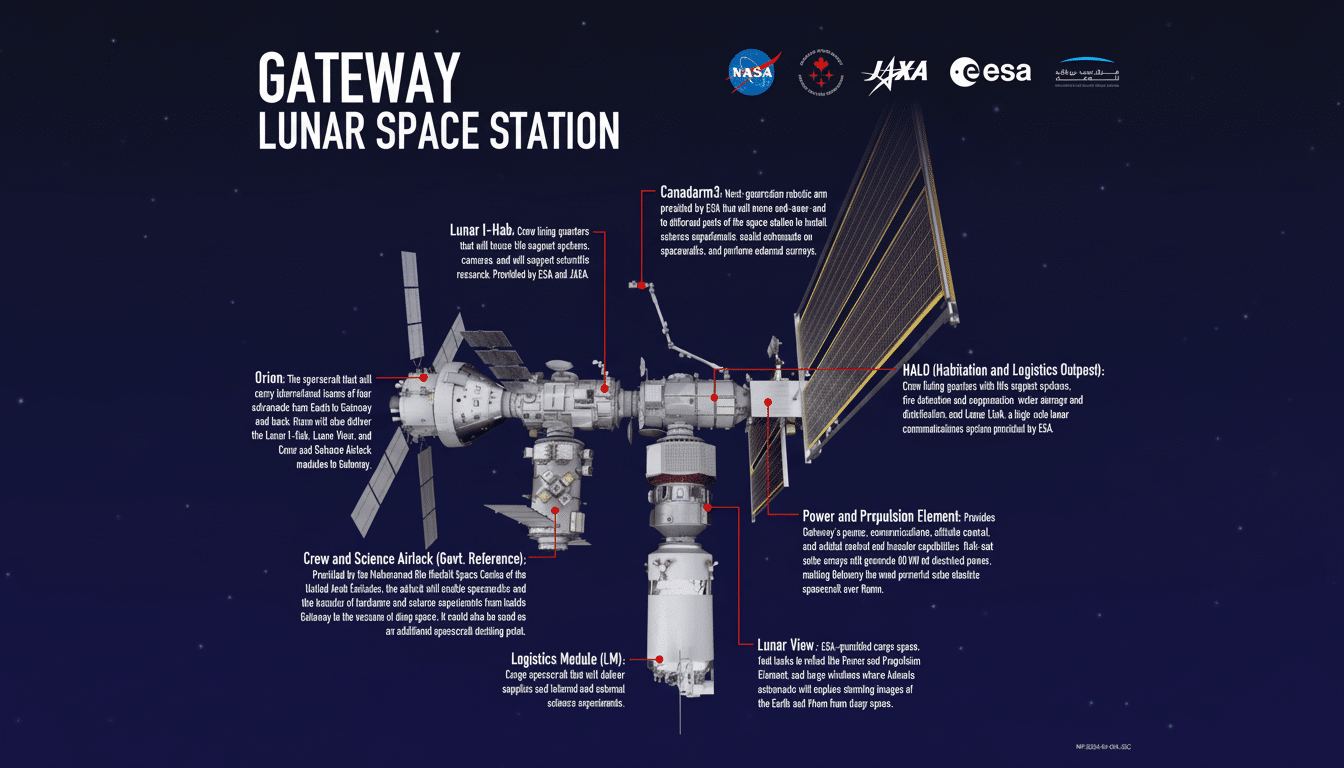 A detailed diagram of the Gateway Lunar Space Station, showcasing its various modules and components, including Orion, Lunar I-Hab, Crew and Science Airlock, Logistics Module, HALO, Power and Propulsion Element, Lunar View, and Canadarm3. The station is set against a dark blue background with text descriptions for each part and logos of participating space agencies at the top.