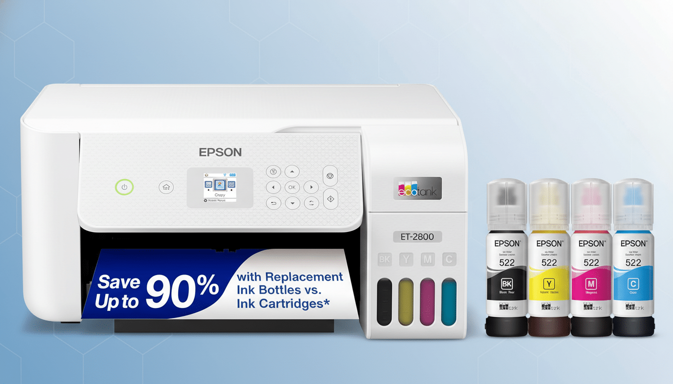A white Epson EcoTank ET-2800 printer with a blue Save Up To 90% banner, accompanied by four bottles of Epson 522 ink in black, yellow, magenta, and cyan, all set against a professional light blue background with subtle geometric patterns.