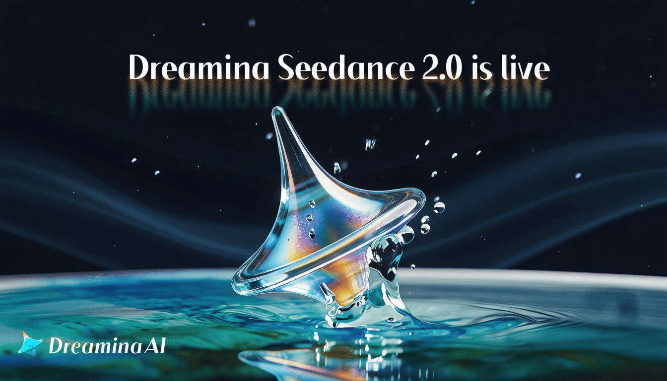 A professional image with a 16:9 aspect ratio, featuring a clear, iridescent, top-like object emerging from a splash in blue water. The background is a dark, professional flat design with subtle wave patterns. The text Dreamina Seedance 2.0 is live is at the top, and the Dreamina AI logo is in the bottom left corner.