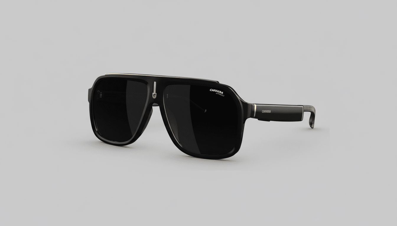 A pair of black Carrera sunglasses with gold accents, presented on a professional flat gray background.